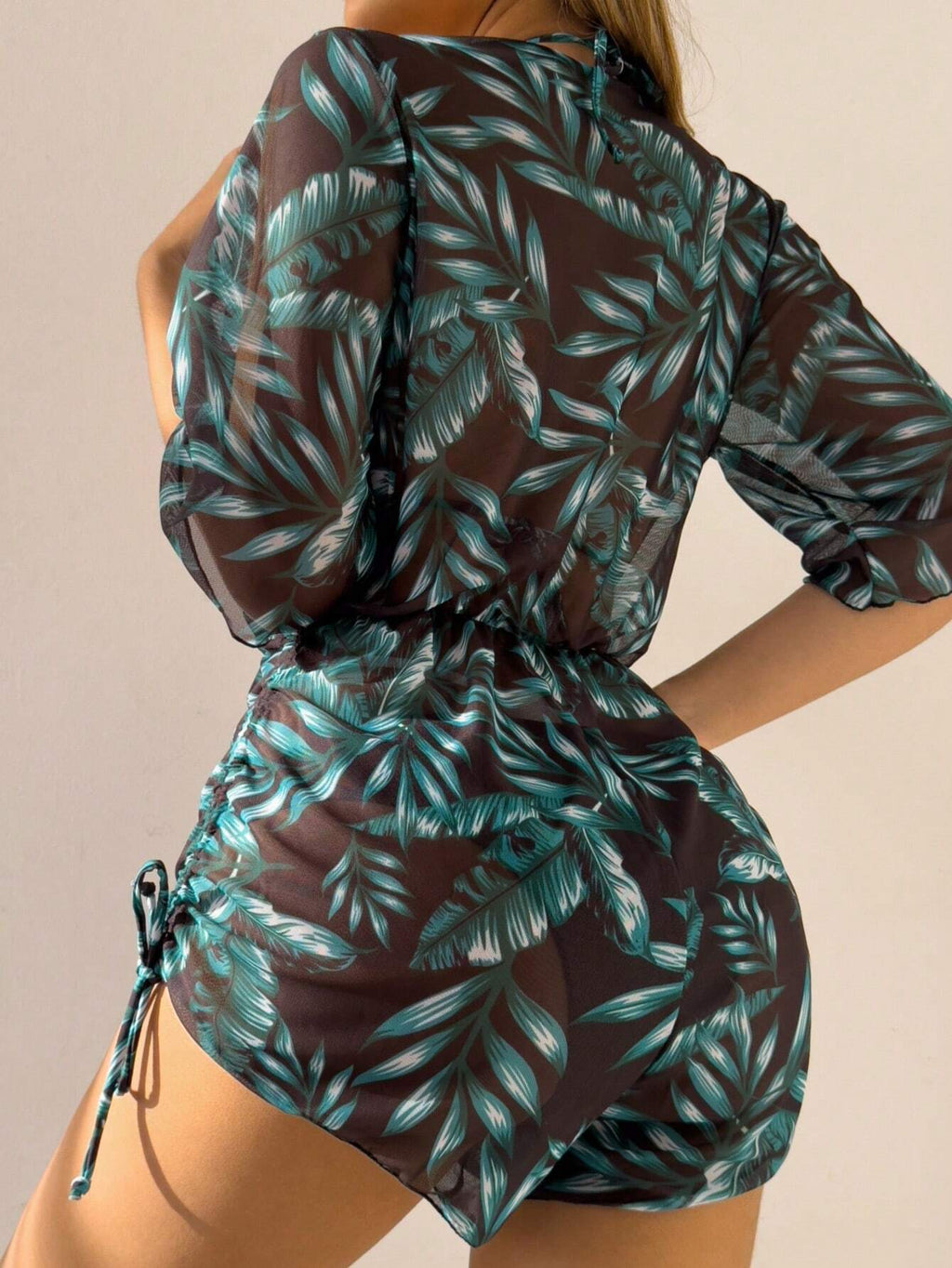 3pcs/Set Women's Tropical Plants Print Halter Tie Bikini Set With
