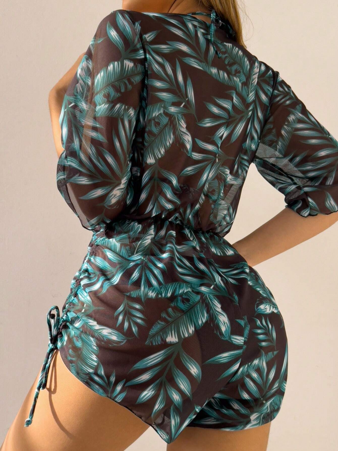 3pcs/Set Women's Tropical Plants Print Halter Tie Bikini Set With