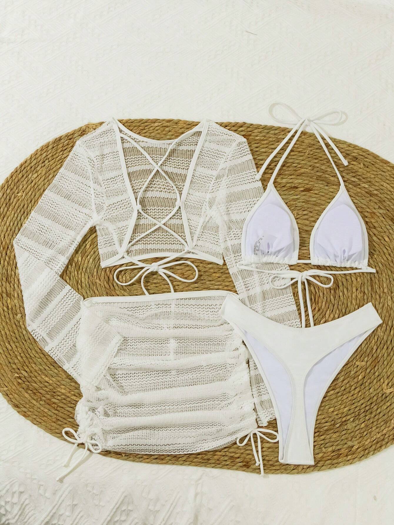 Swim Women's Summer Beach Solid Color Halter Tie Sexy Bikini Set With