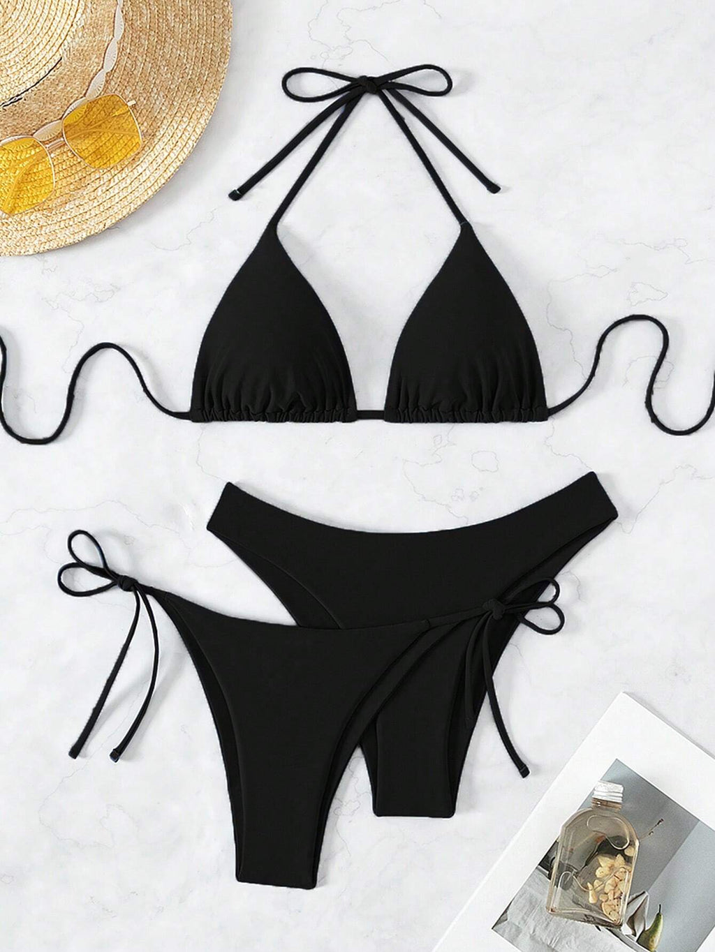 Swim Basics Women Summer Beach Solid Halter Neck 3-Piece Bikini Set Bathing Suit