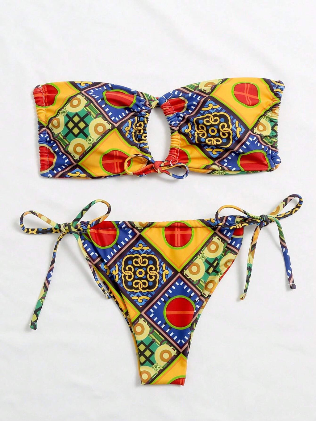 Vaytide Summer Beach Mixed Print Bikini Set Self-Tie Bandeau Bra & Thong Bottom