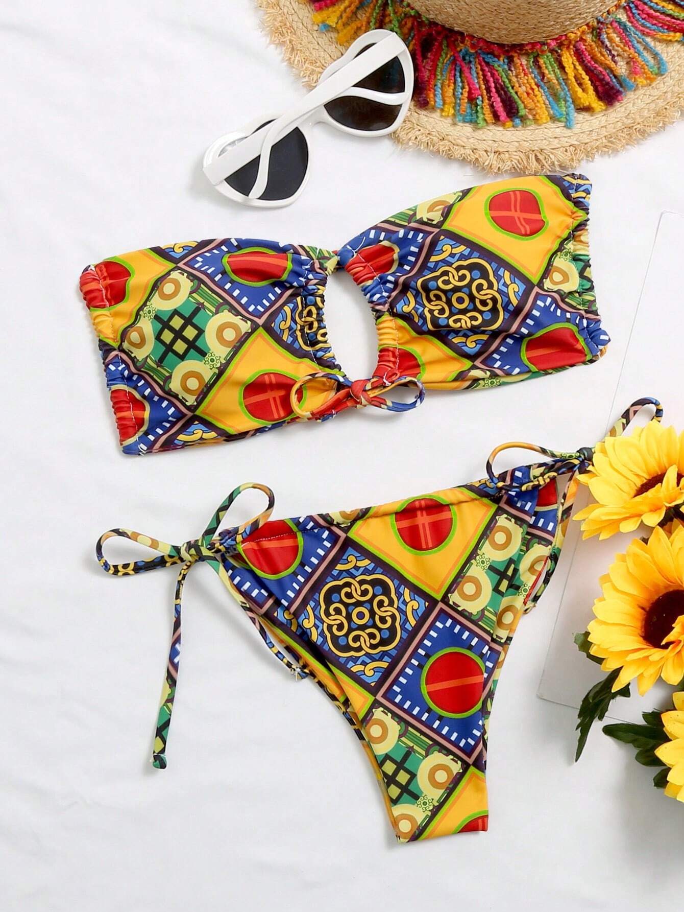 Vaytide Summer Beach Mixed Print Bikini Set Self-Tie Bandeau Bra & Thong Bottom