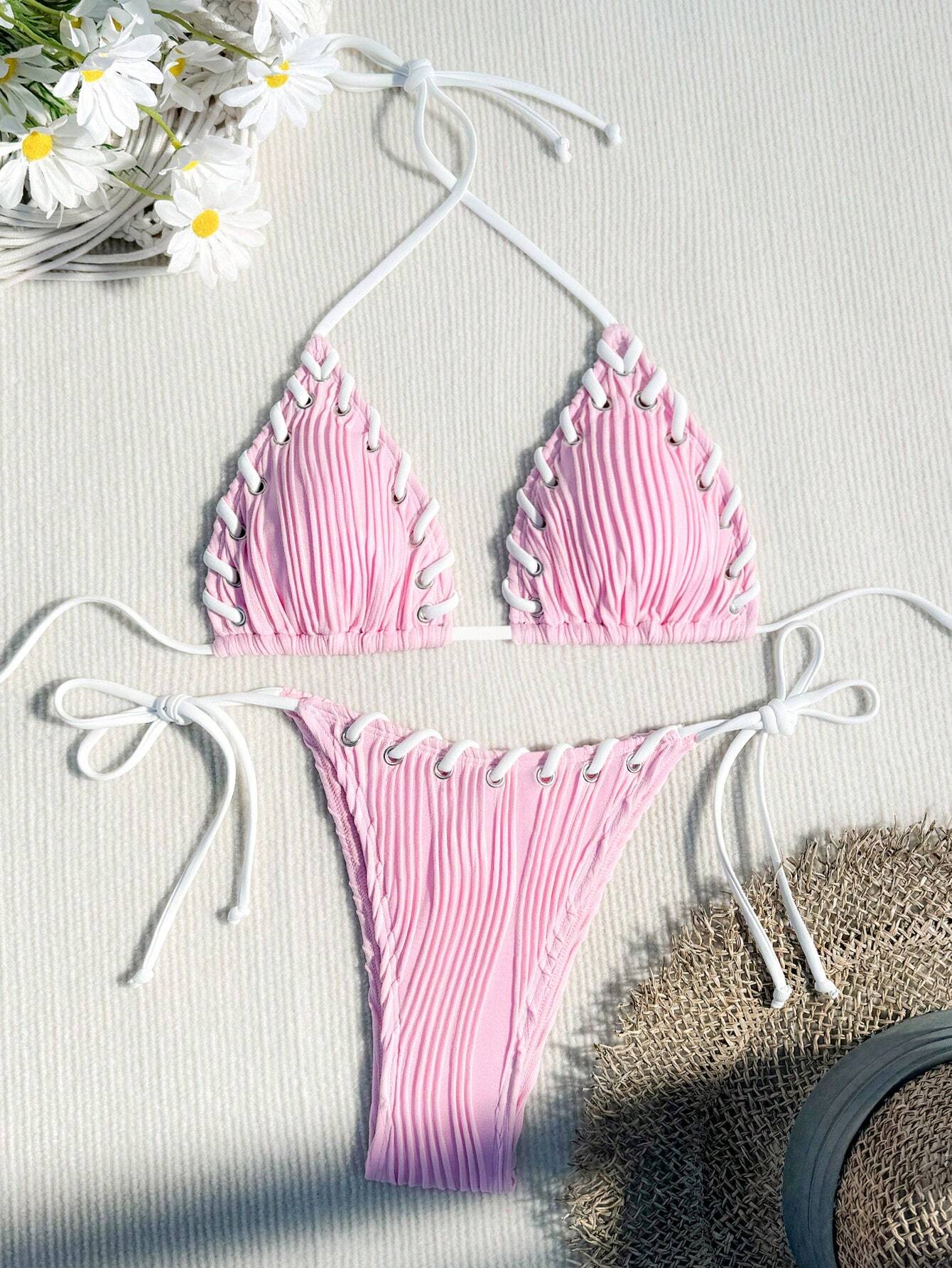 Swim Mod Women's Sexy Beach Vacation Grommet Lace Up Textured Knit Bikini Set
