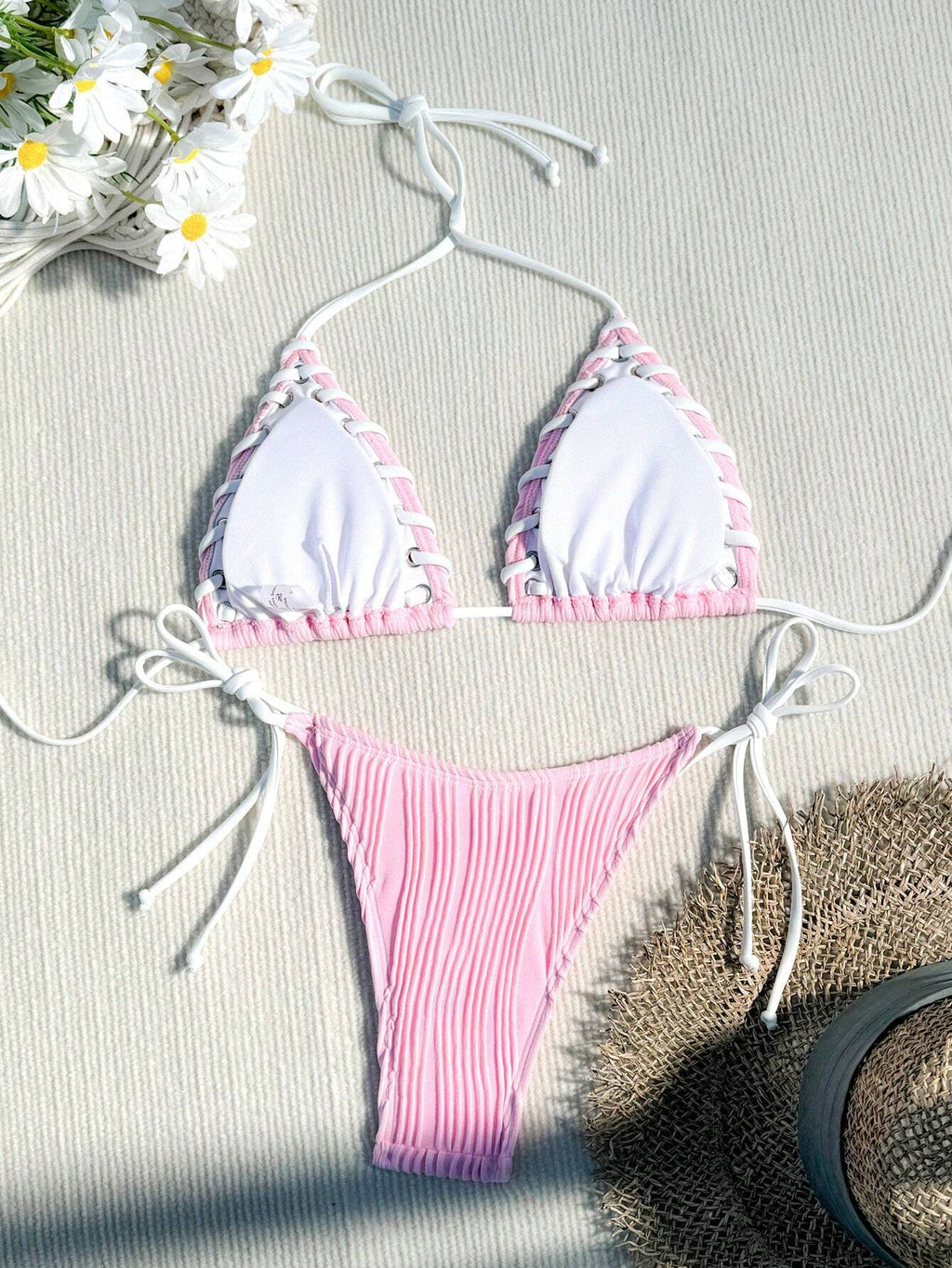 Swim Mod Women's Sexy Beach Vacation Grommet Lace Up Textured Knit Bikini Set