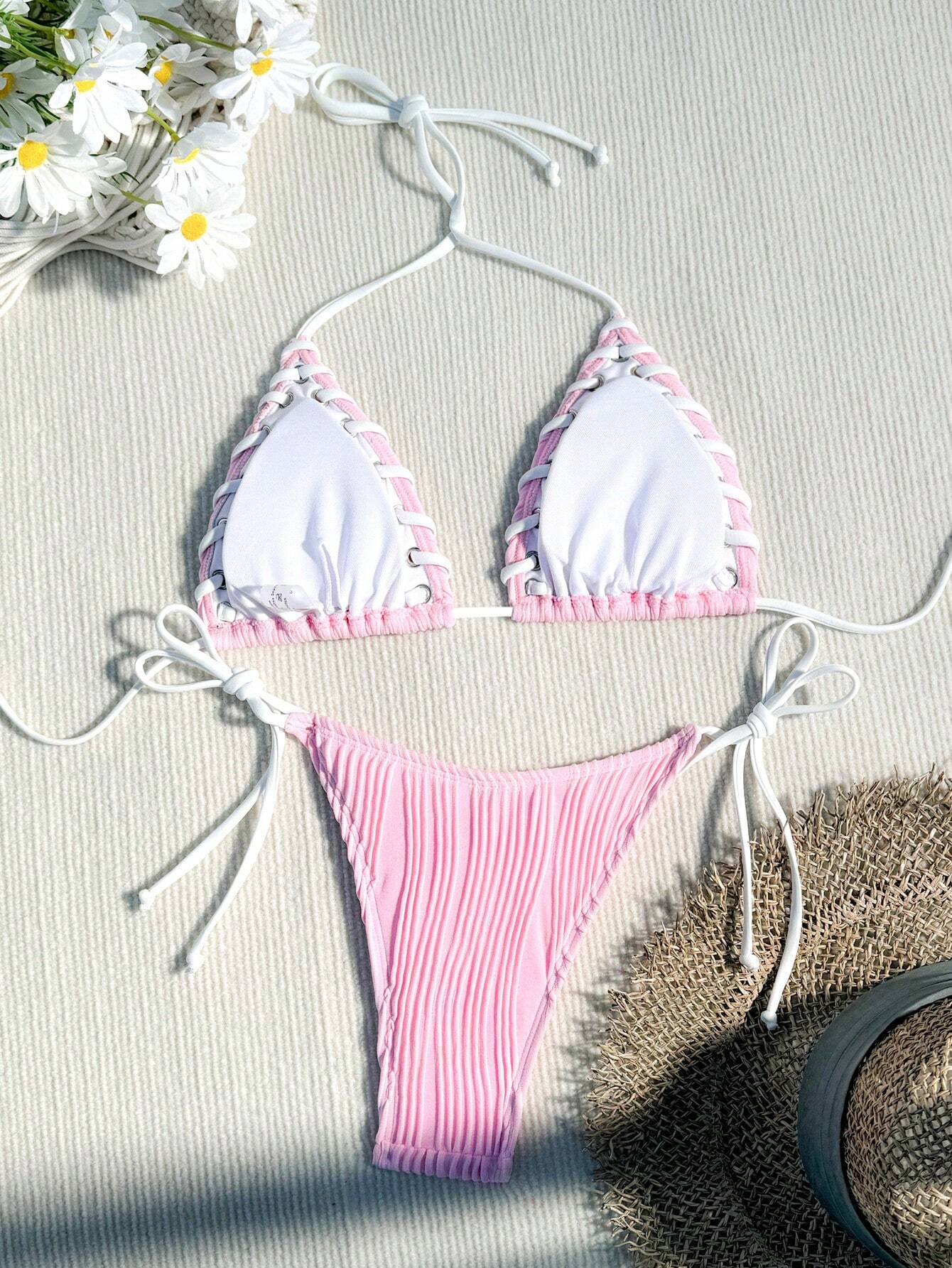 Swim Mod Women's Sexy Beach Vacation Grommet Lace Up Textured Knit Bikini Set