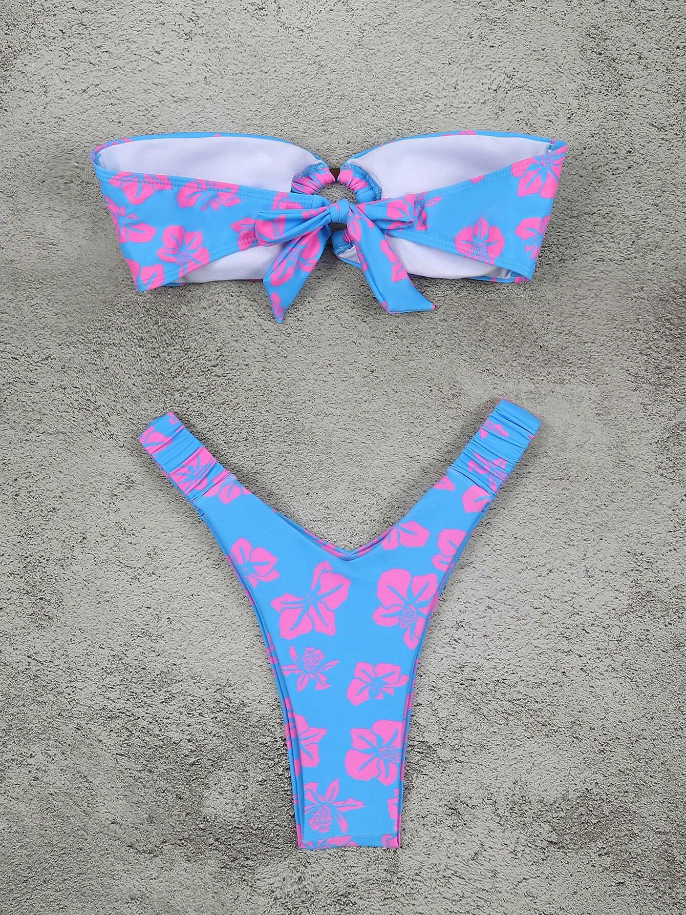 Women's Floral Print Sexy Bandeau Bikini Swimwear Set Summer Spring