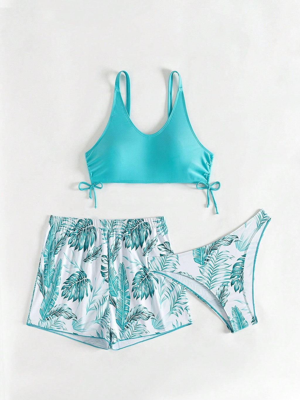 Swim Lushoire Patchwork Tropical Print Round Neck Bikini Set, Summer Beach