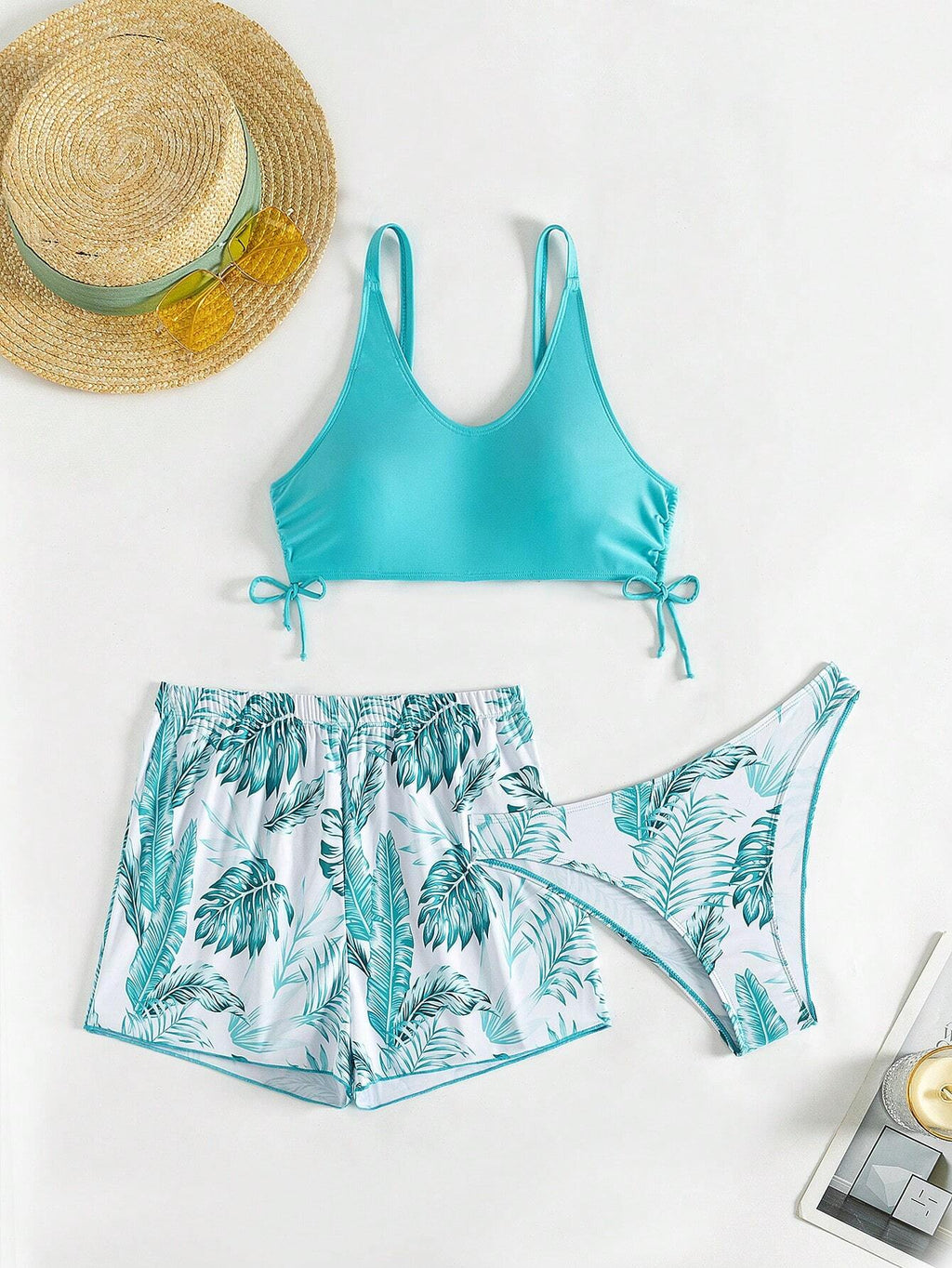 Swim Lushoire Patchwork Tropical Print Round Neck Bikini Set, Summer Beach