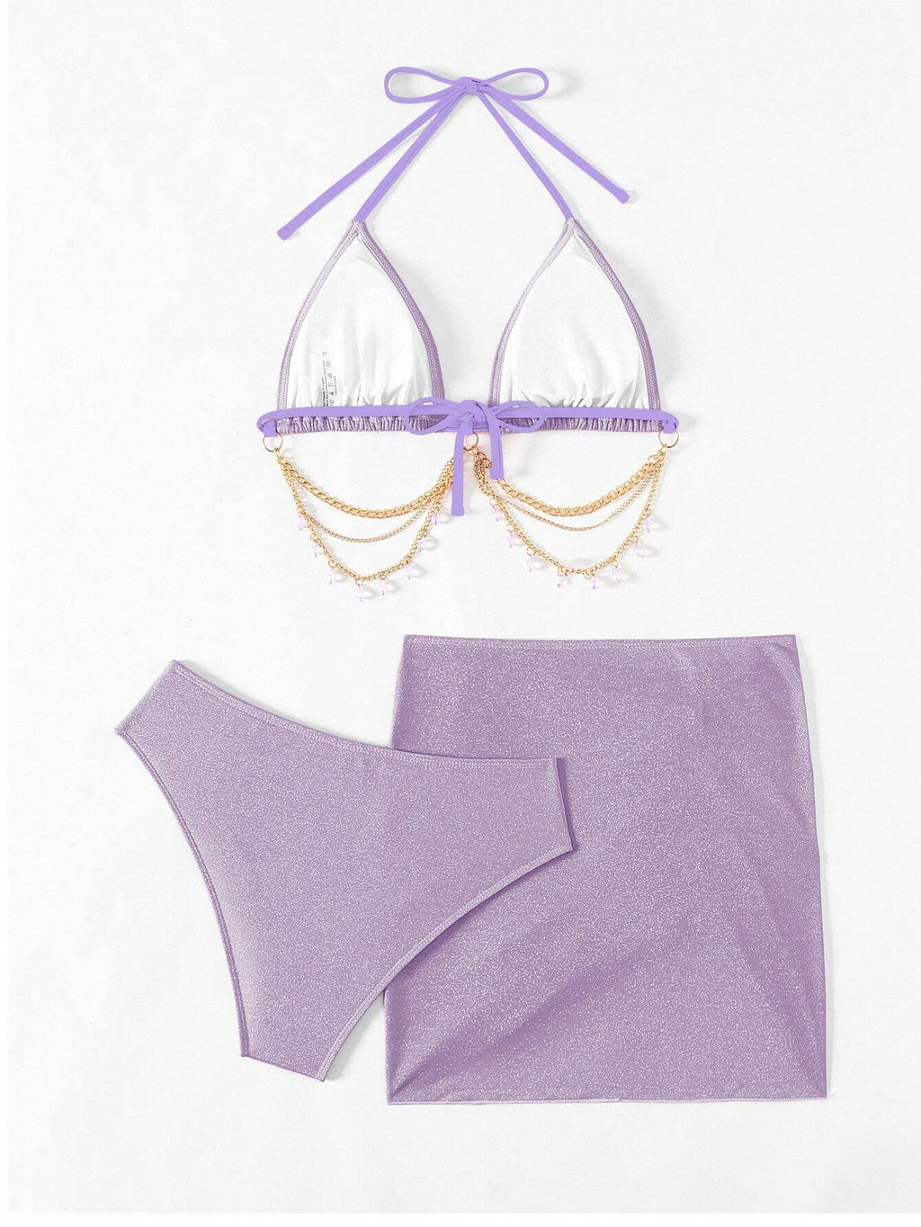 Swim SXY 3pcs/Set Women's Shiny Chain Decor Bikini Set, Summer Beach