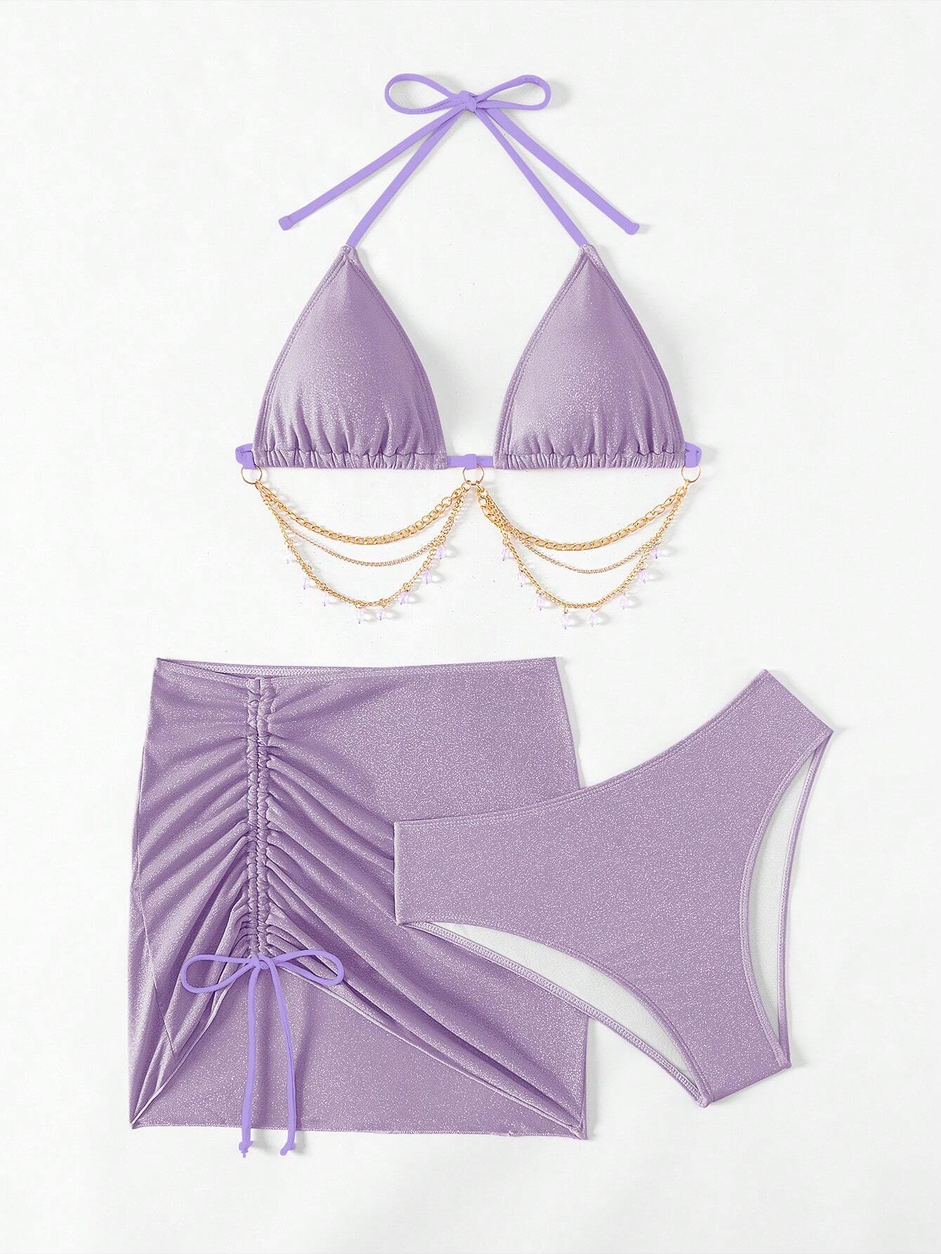 Swim SXY 3pcs/Set Women's Shiny Chain Decor Bikini Set, Summer Beach