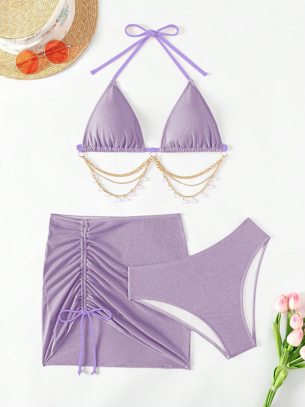 Swim SXY 3pcs/Set Women's Shiny Chain Decor Bikini Set, Summer Beach