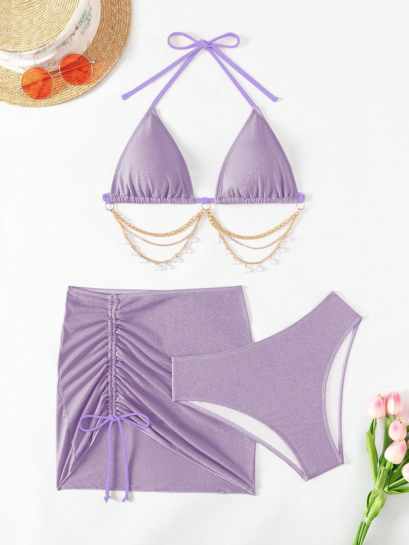Swim SXY 3pcs/Set Women's Shiny Chain Decor Bikini Set, Summer Beach