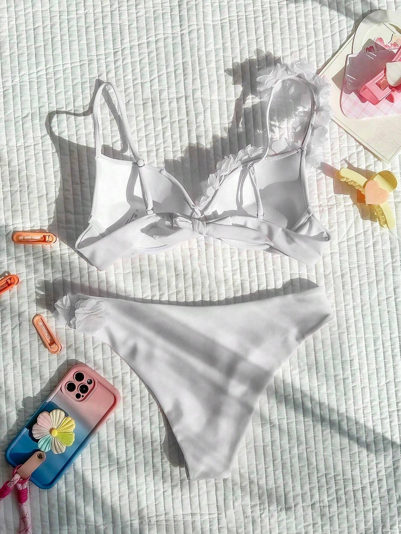 Swim SXY Summer Beach Flower Deco V-Neck Bikini Set, Bikini Set, Two Pieces