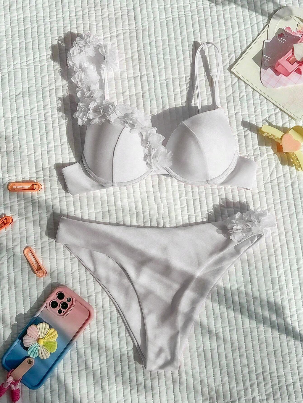 Swim SXY Summer Beach Flower Deco V-Neck Bikini Set, Bikini Set, Two Pieces