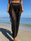 Breezaya Summer Beach Solid Color Ruffled Decor Loose Fit Pants Cover Up
