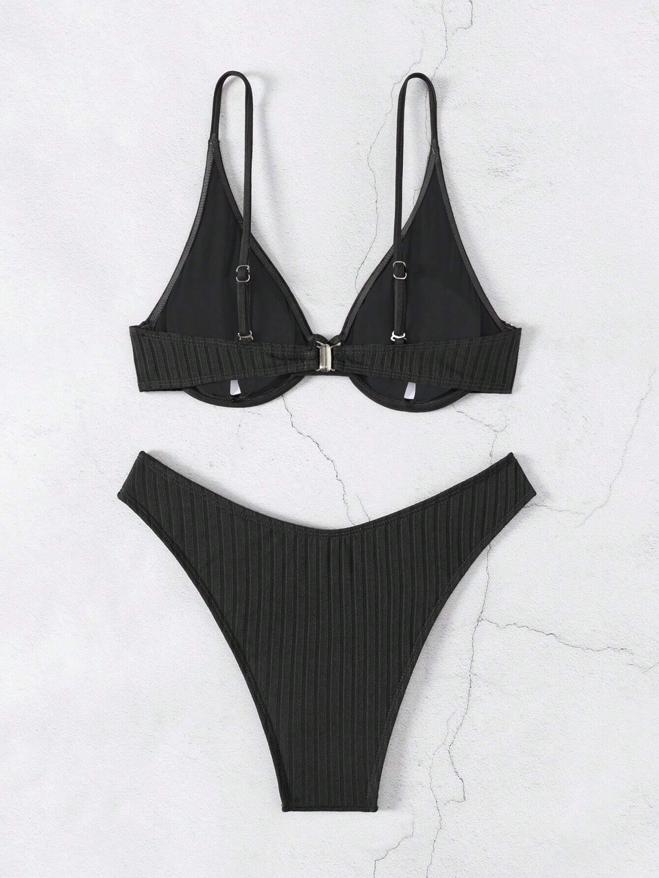 Swim Women Summer Beach Solid Simple Ribbed Bikini Set For Daily Use - image 13