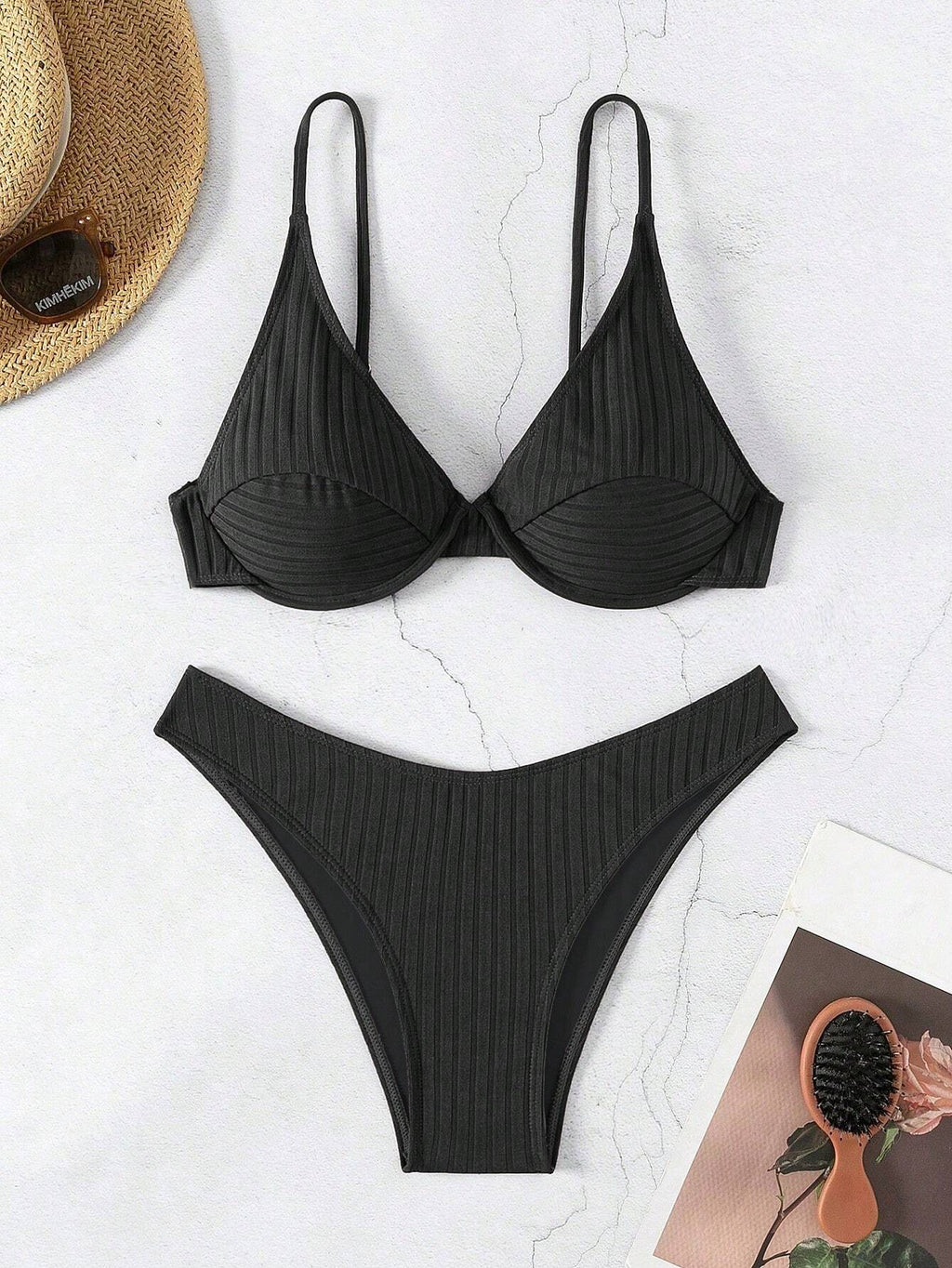 Swim Women Summer Beach Solid Simple Ribbed Bikini Set For Daily Use - image 12