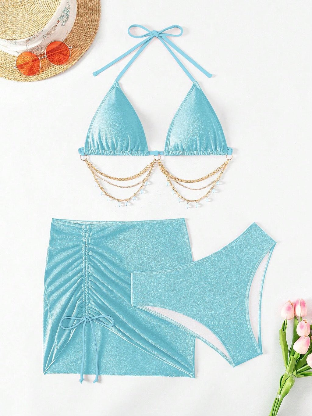 Swim SXY 3pcs/Set Women's Shiny Chain Decor Bikini Set, Summer Beach