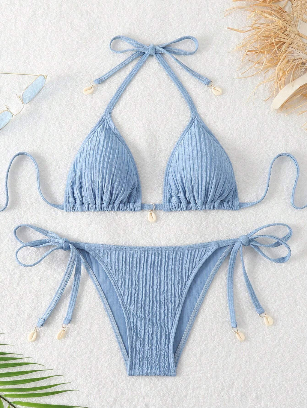 Swim Mod Summer Beach Textured Halter Neck Tie Two-Piece Bikini Set