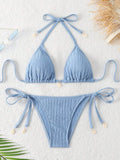 Swim Mod Summer Beach Textured Halter Neck Tie Two-Piece Bikini Set
