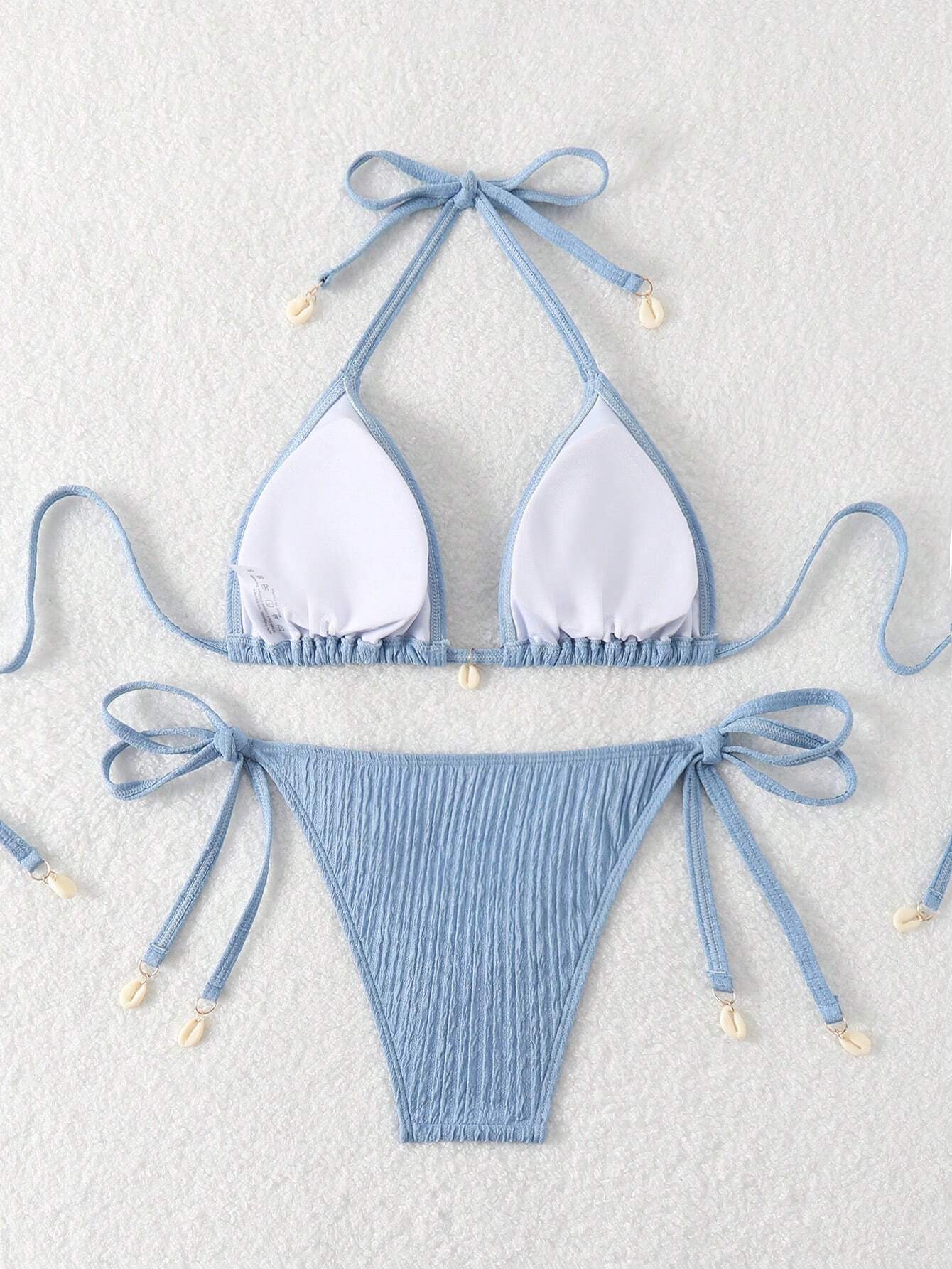 Swim Mod Summer Beach Textured Halter Neck Tie Two-Piece Bikini Set
