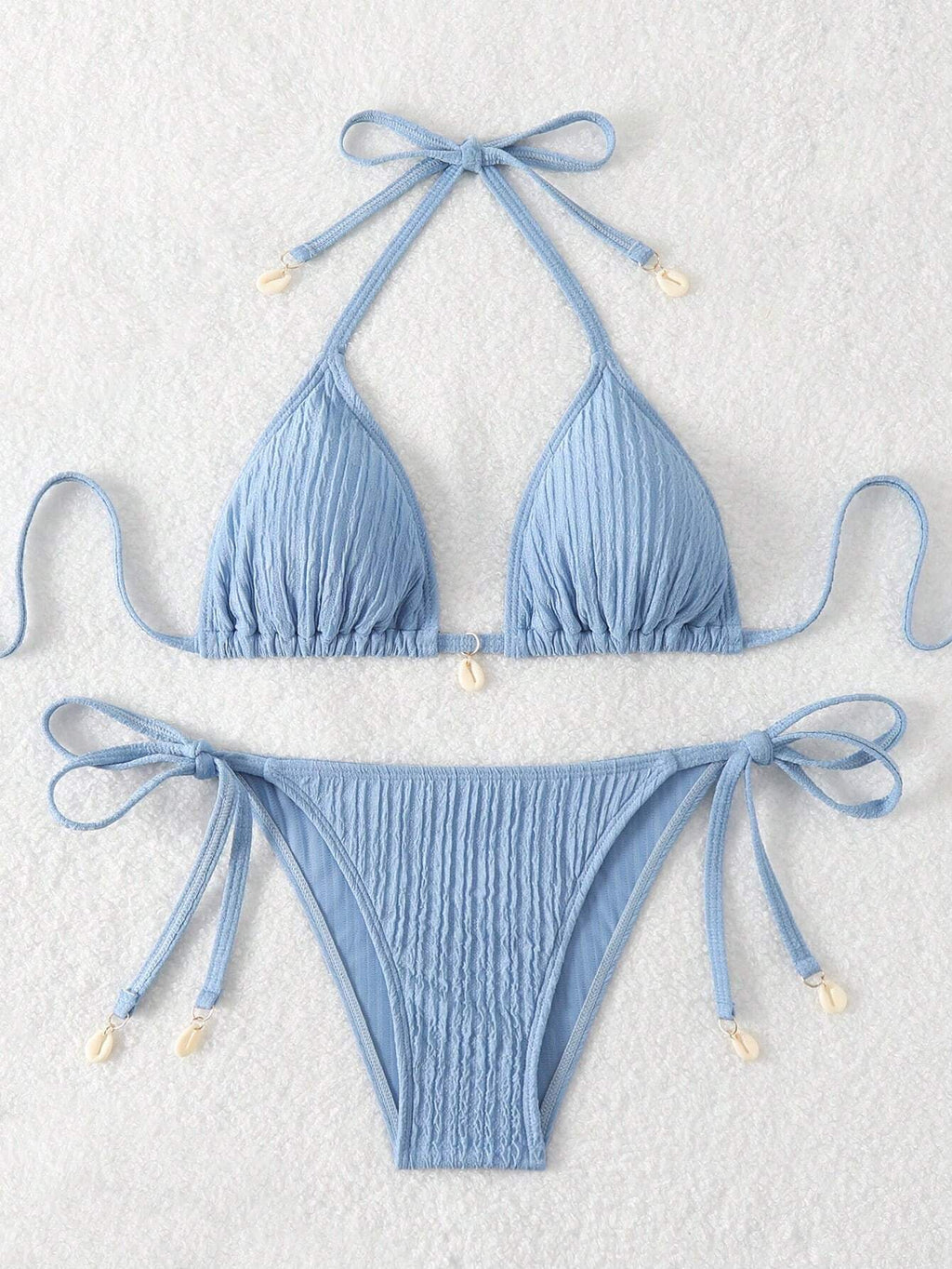 Swim Mod Summer Beach Textured Halter Neck Tie Two-Piece Bikini Set