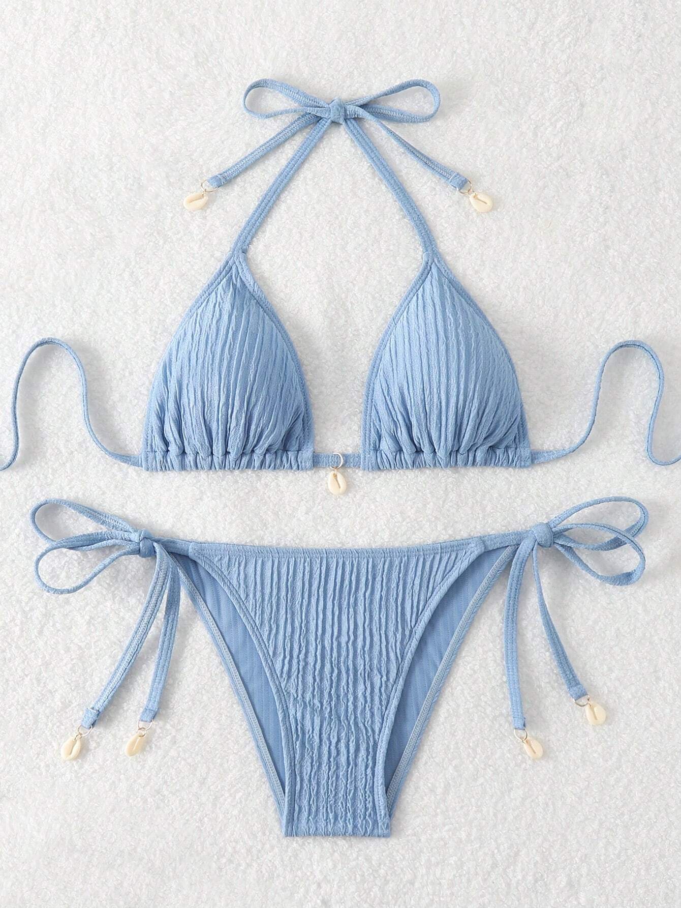 Swim Mod Summer Beach Textured Halter Neck Tie Two-Piece Bikini Set