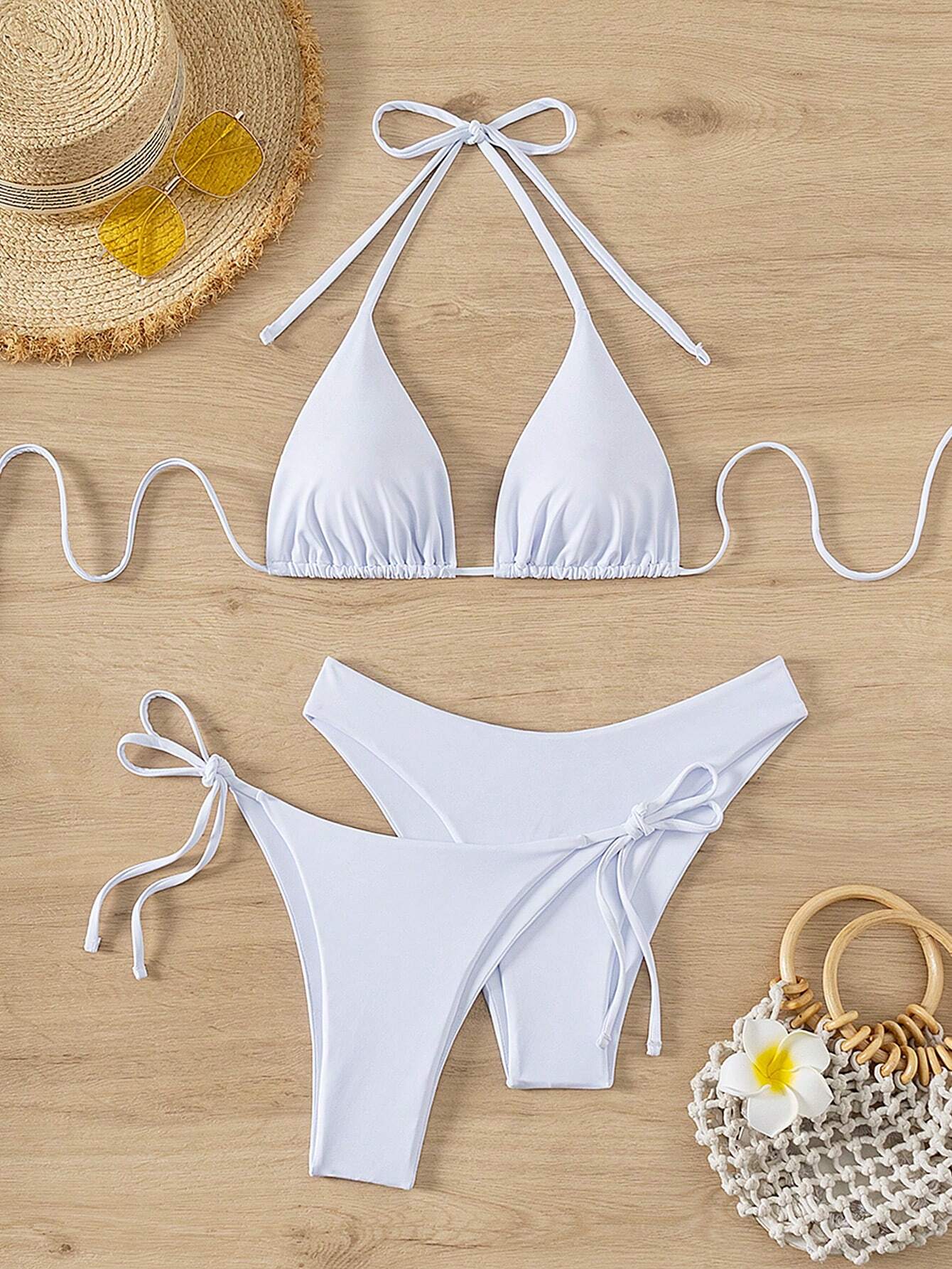 Swim Basics Women Summer Beach Solid Halter Neck 3-Piece Bikini Set Bathing Suit