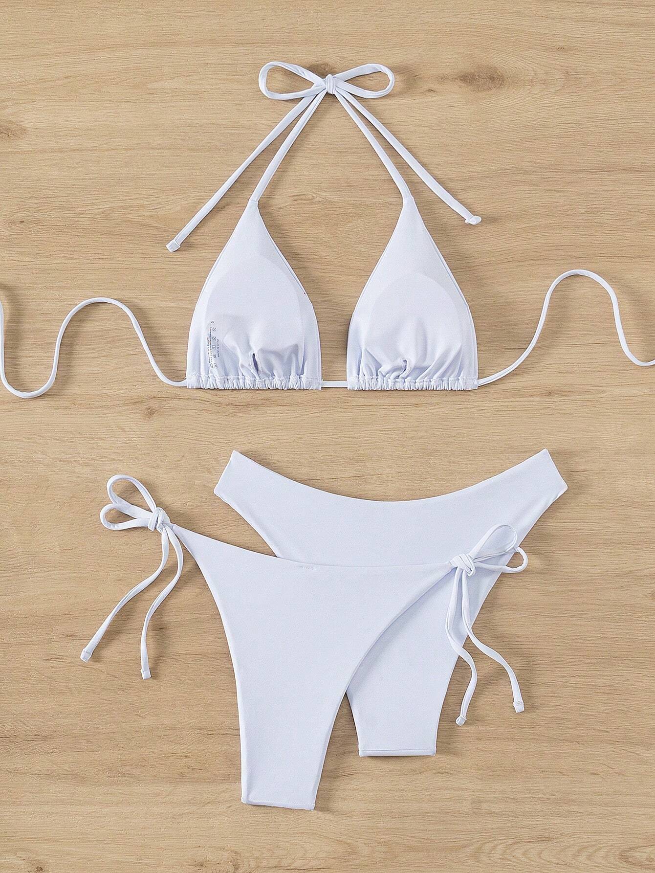 Swim Basics Women Summer Beach Solid Halter Neck 3-Piece Bikini Set Bathing Suit