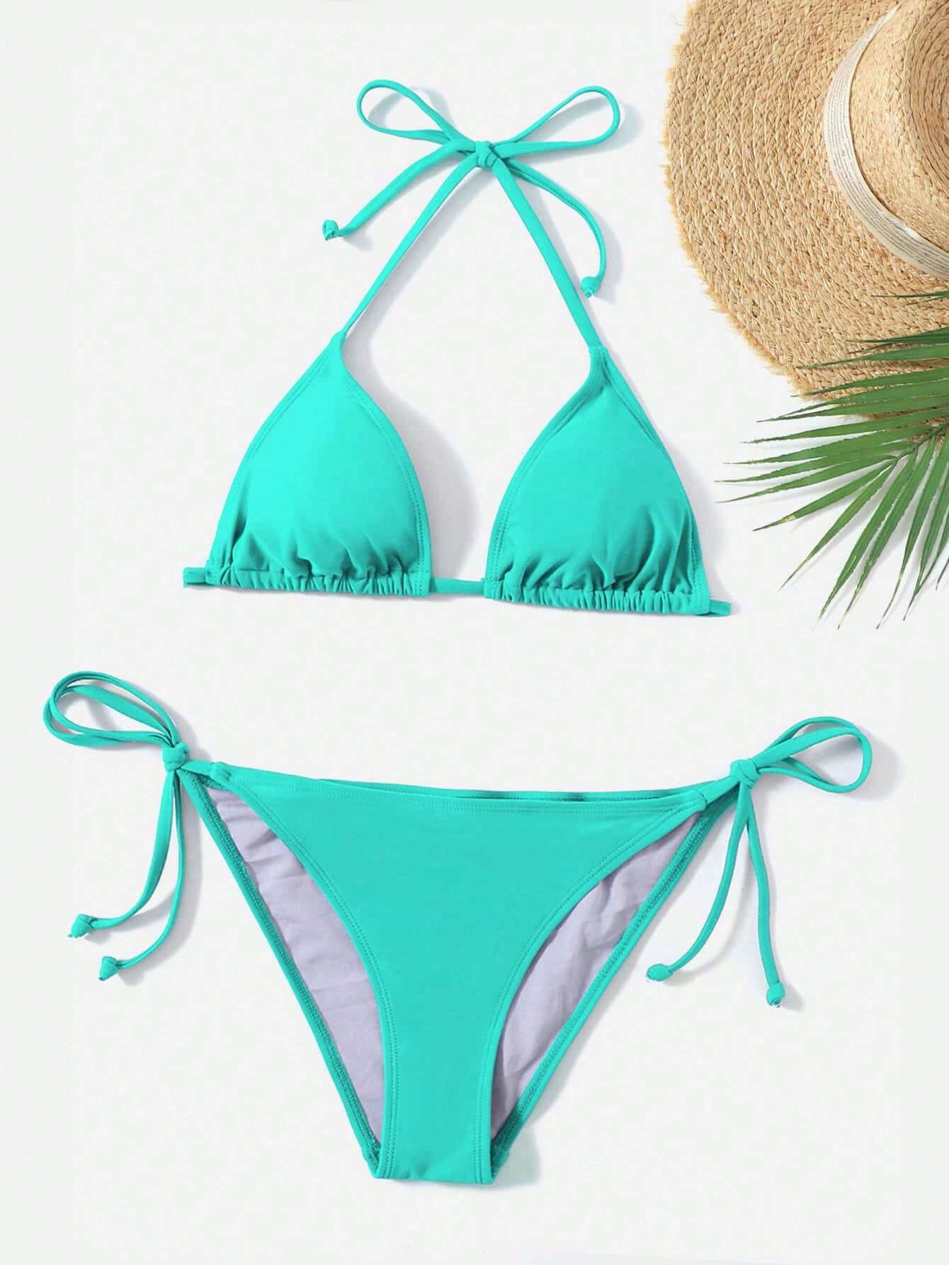 Swim Basics Summer Beach Solid Triangle Tie Side Bikini Set