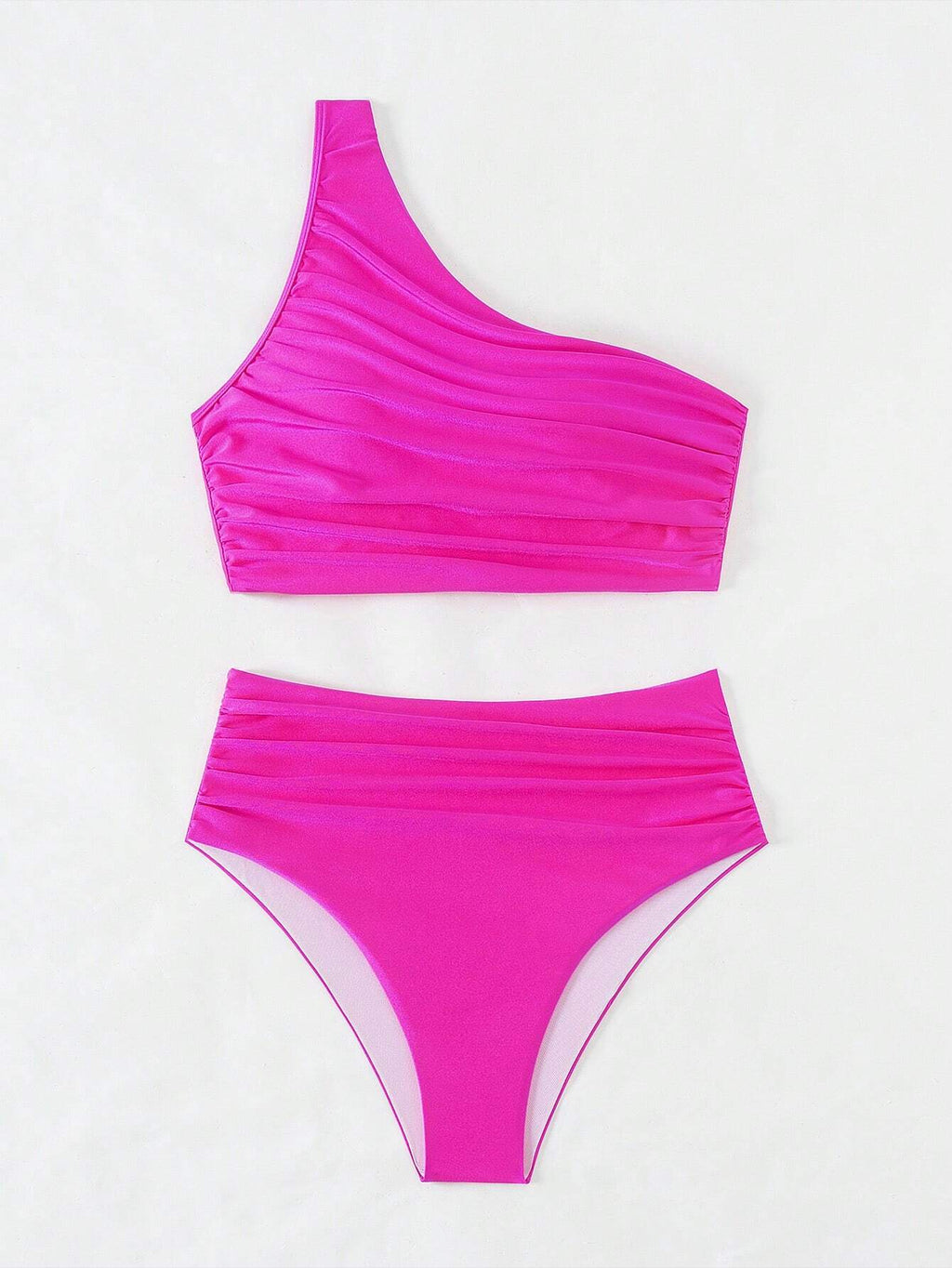 Swim Summer Beach Women's Solid Color Pleated One Shoulder Sleeveless Bikini Set