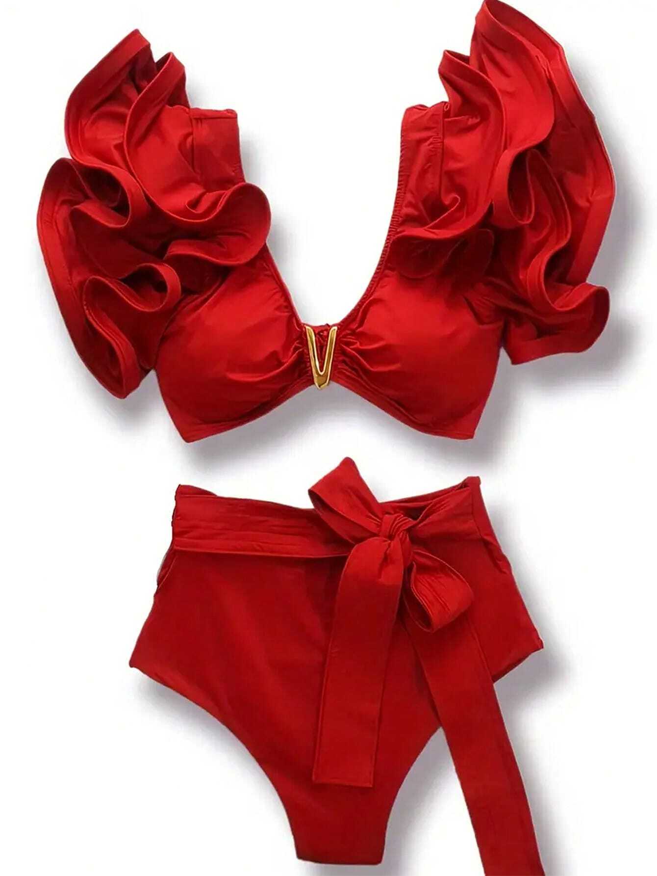 Swim Oasis 2-Piece 2025 Women Solid Color Ruffled Sexy Bikini Set, Beach Holiday Summer