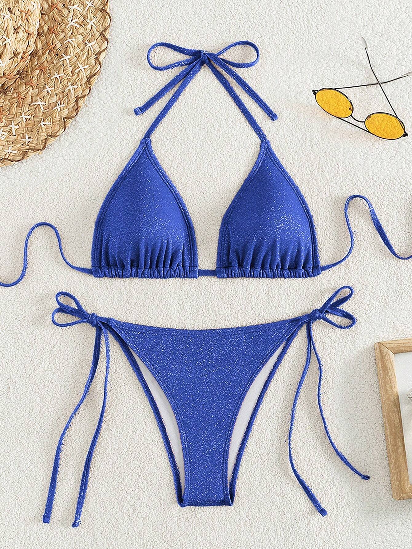 Swim Mod Women's Solid Color Halter Strap Sexy Bikini Set For