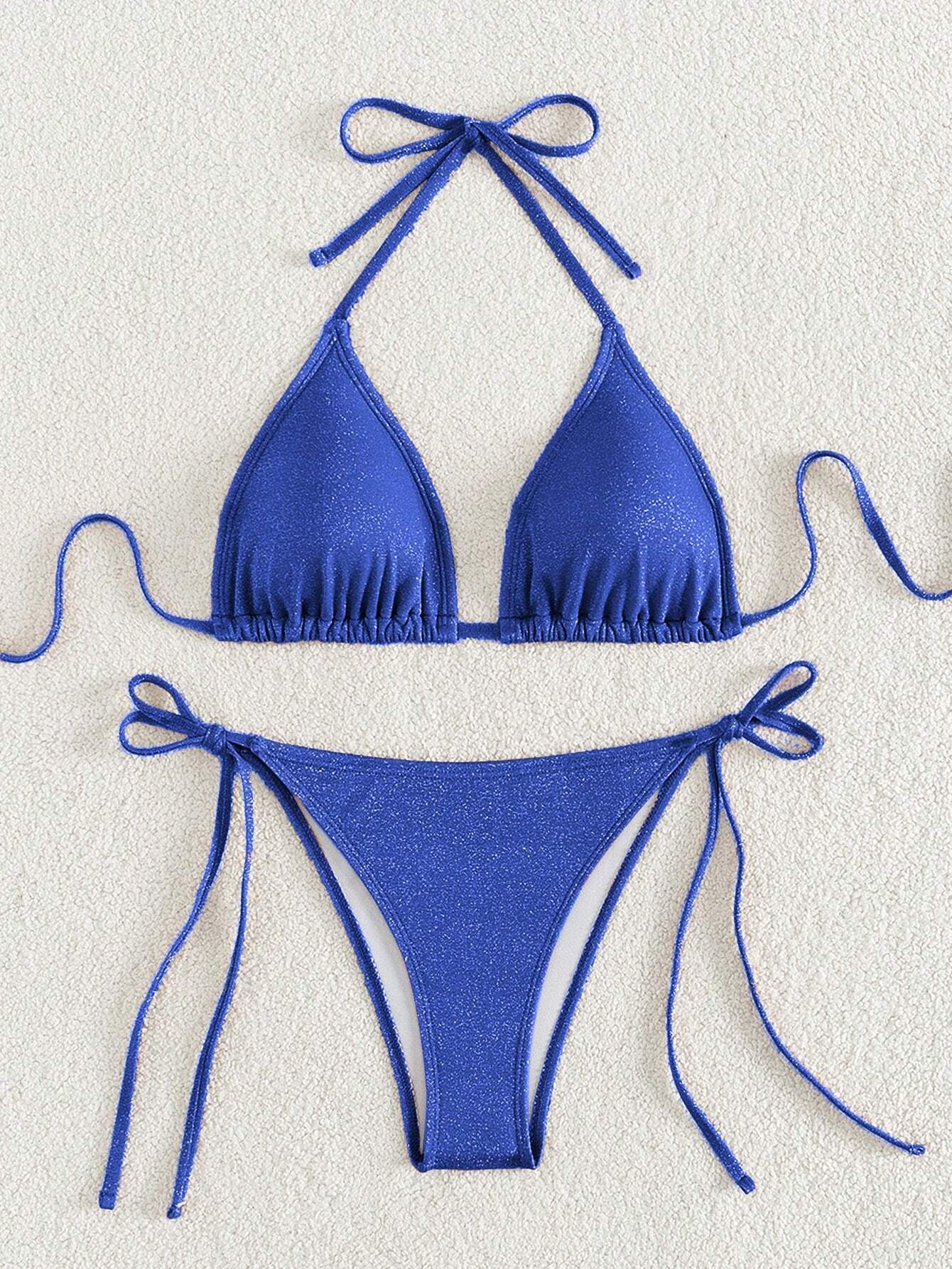 Swim Mod Women's Solid Color Halter Strap Sexy Bikini Set For