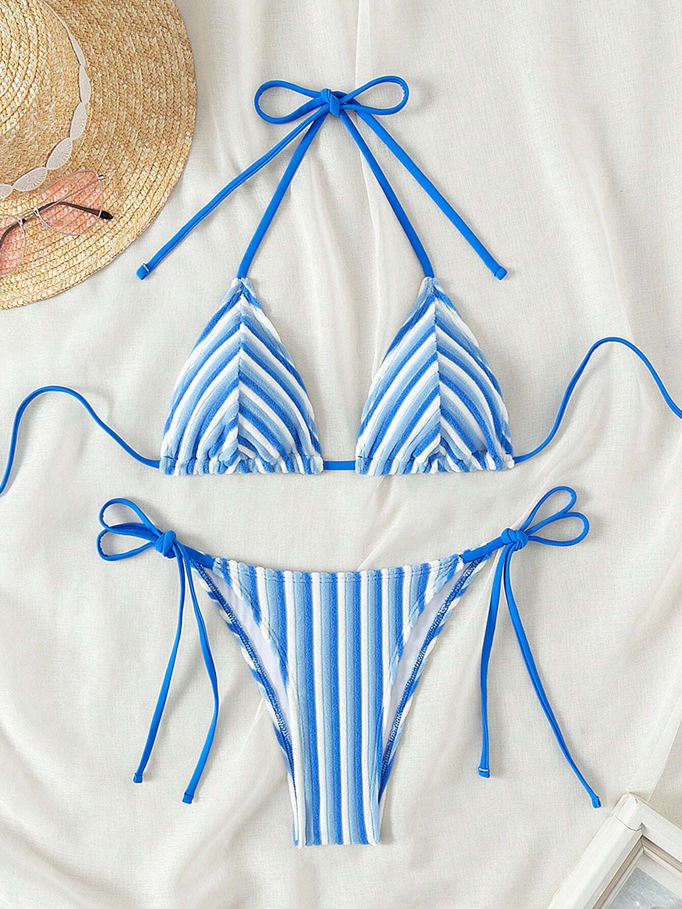 New Arrival Cute Toweling Halter Neck Backless Strap Bikini Set For