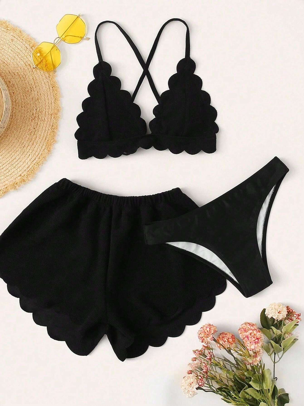 Swim Mod Summer Beach Scallop Trim Triangle Bikini Set With Beach