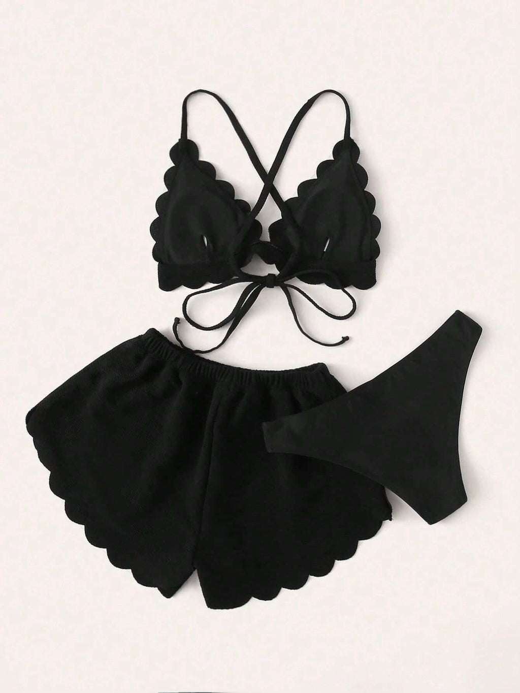 Swim Mod Summer Beach Scallop Trim Triangle Bikini Set With Beach