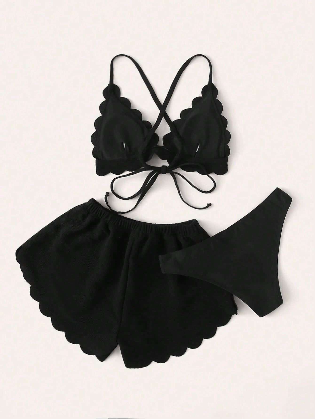Swim Mod Summer Beach Scallop Trim Triangle Bikini Set With Beach