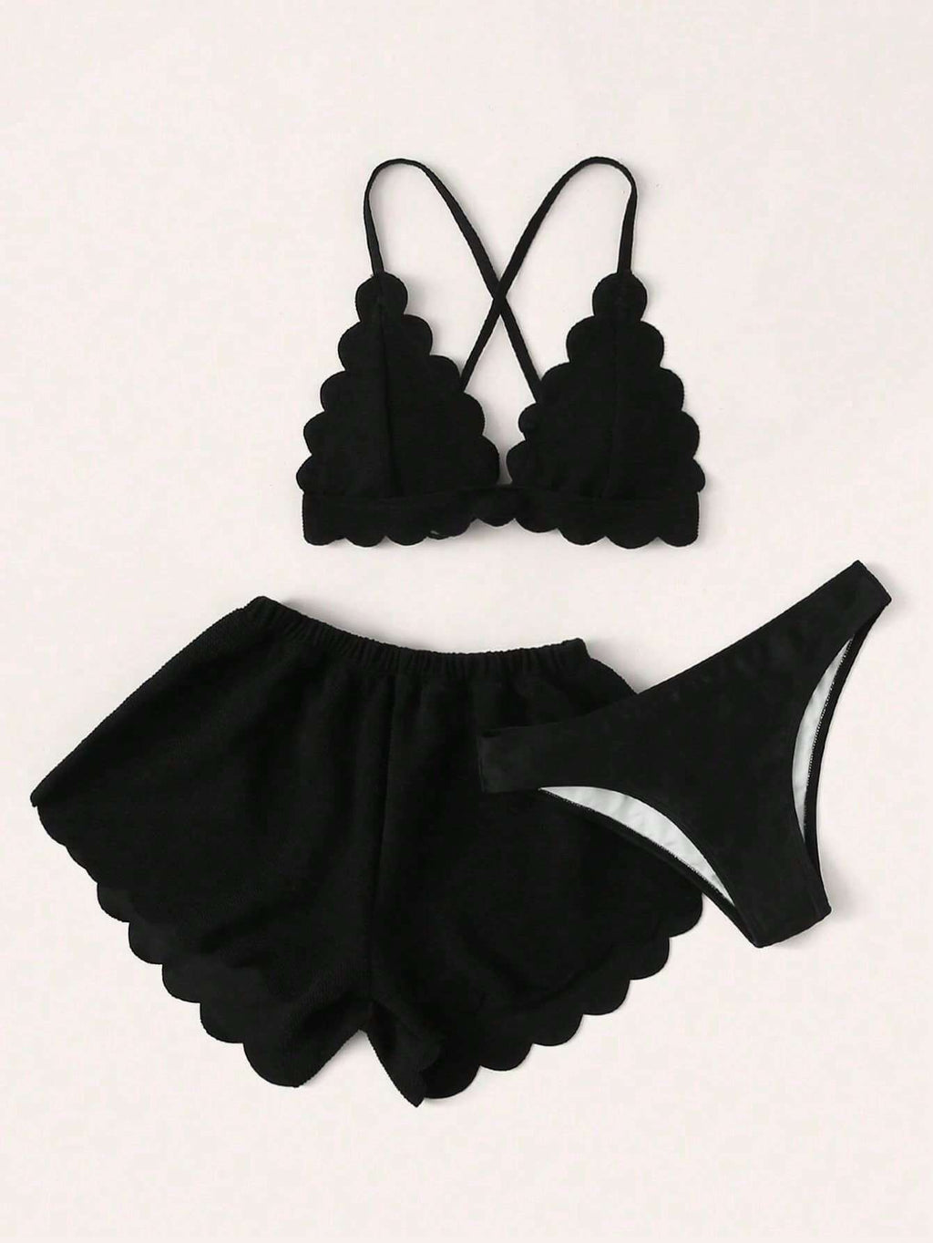 Swim Mod Summer Beach Scallop Trim Triangle Bikini Set With Beach