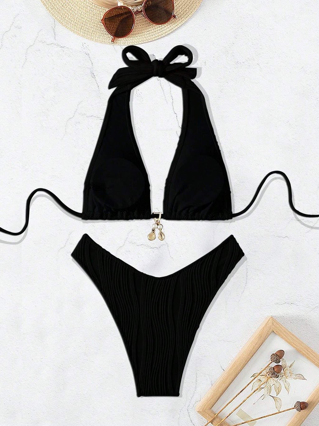 Swim SXY Blue And White Vertical Striped Halter Triangle Bikini Set, Halter Tie Design To Flatter Shoulder - image 11
