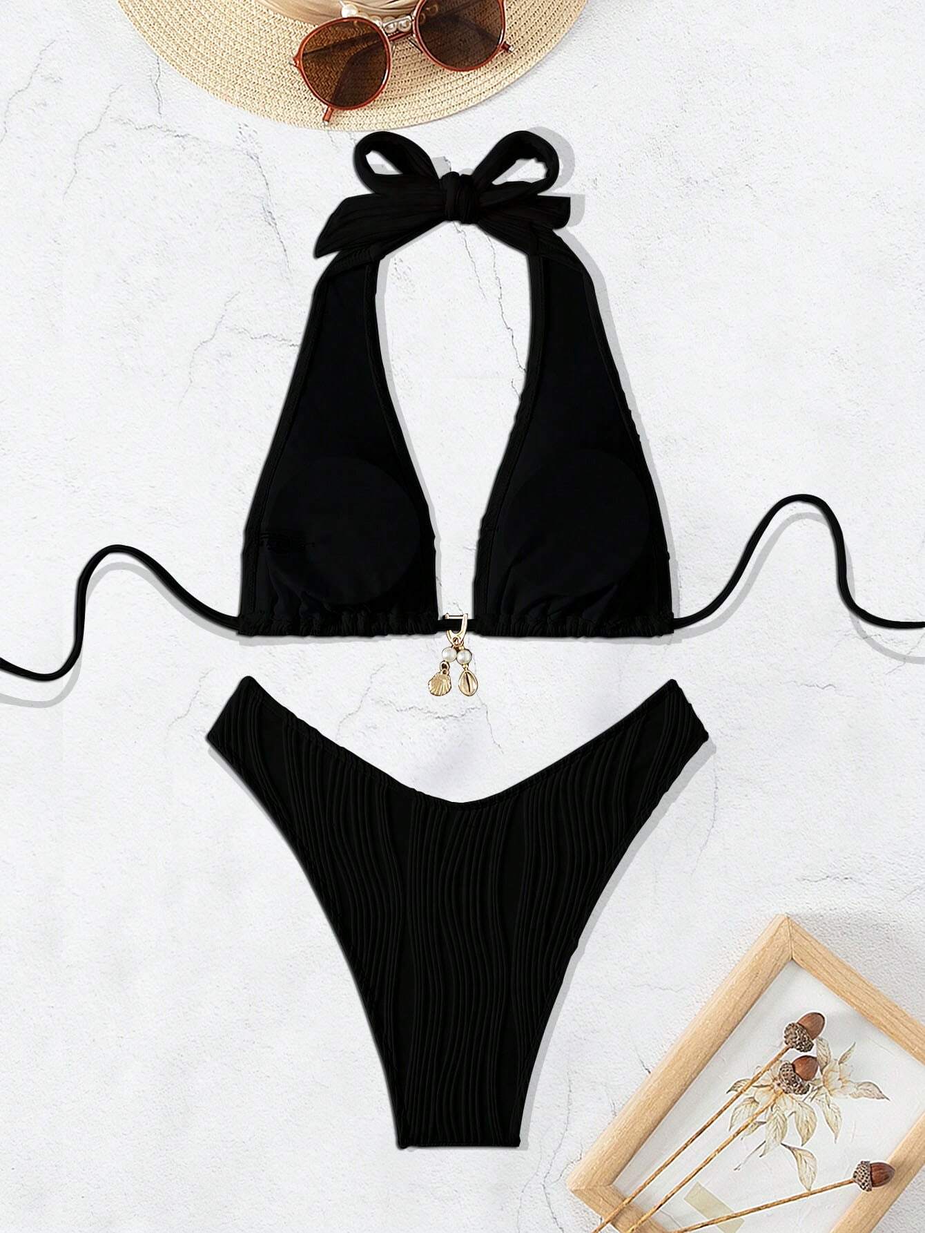 Swim SXY Blue And White Vertical Striped Halter Triangle Bikini Set, Halter Tie Design To Flatter Shoulder - image 11