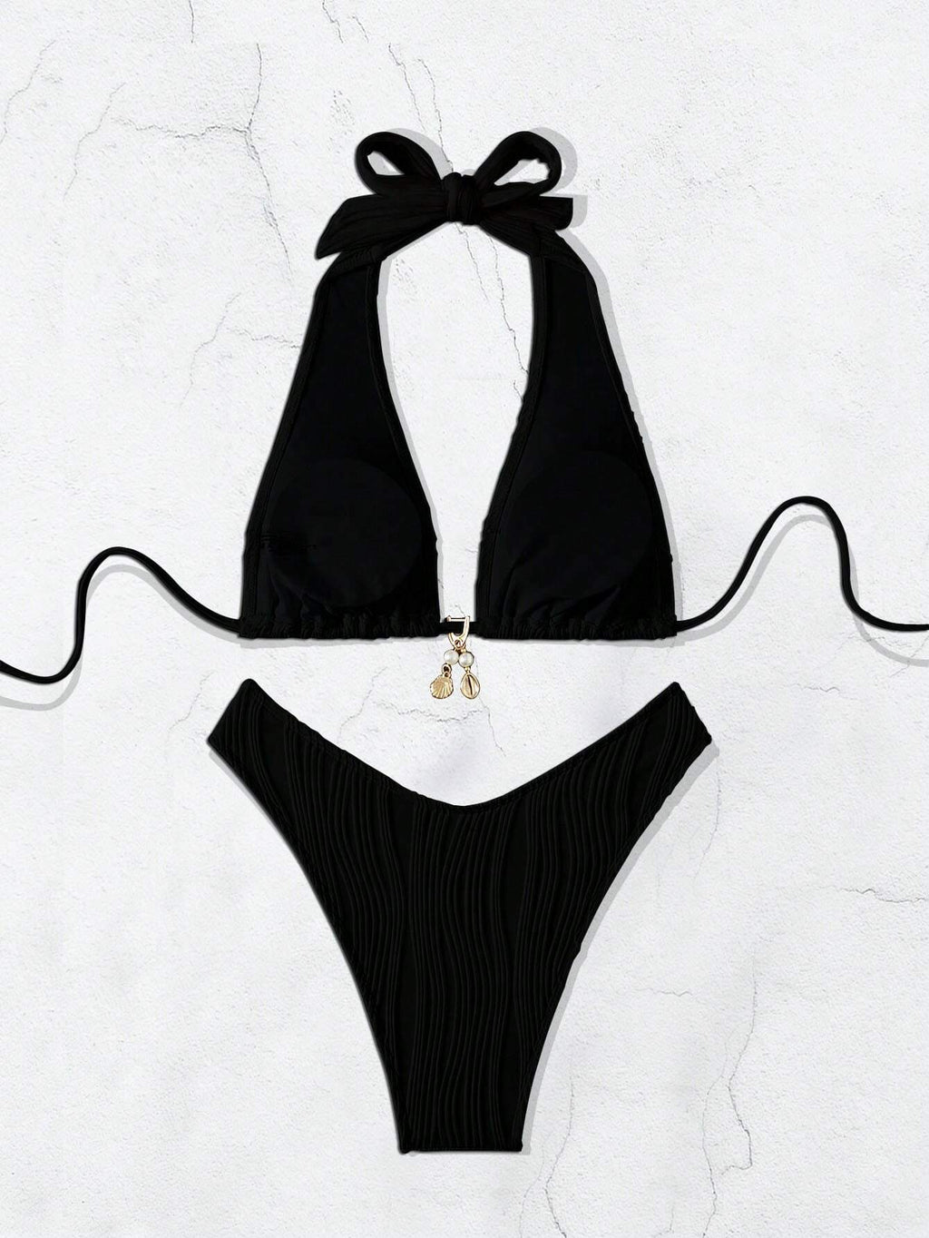 Swim SXY Blue And White Vertical Striped Halter Triangle Bikini Set, Halter Tie Design To Flatter Shoulder - image 10
