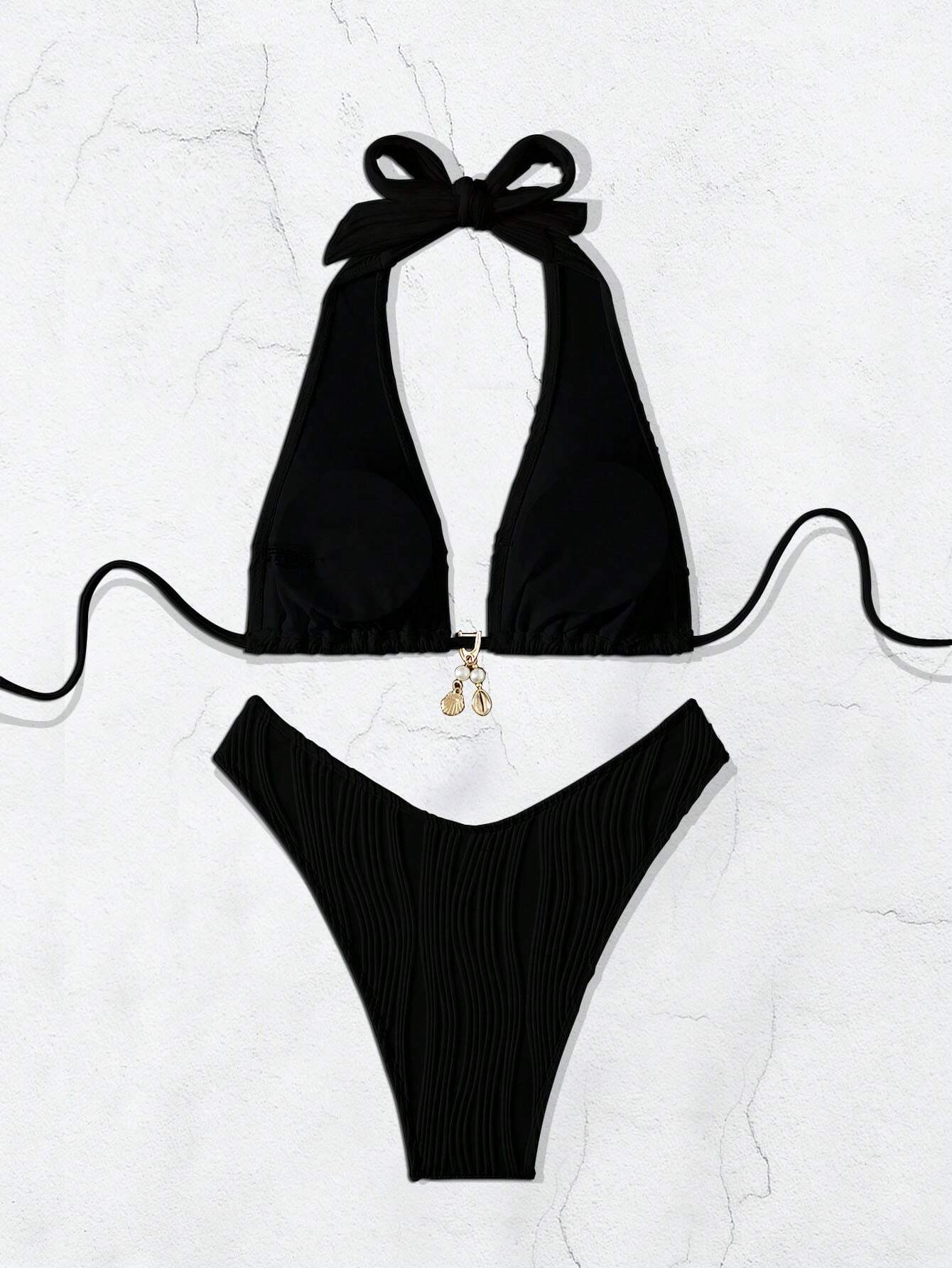 Swim SXY Blue And White Vertical Striped Halter Triangle Bikini Set, Halter Tie Design To Flatter Shoulder - image 10