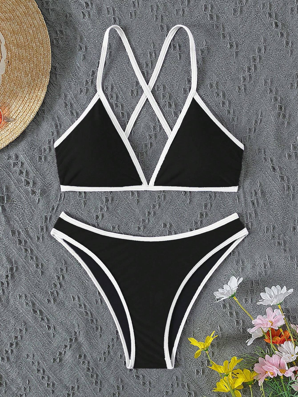 Swim Women's Summer Beach Contrast Neon Trim Back Cross Sexy Halter