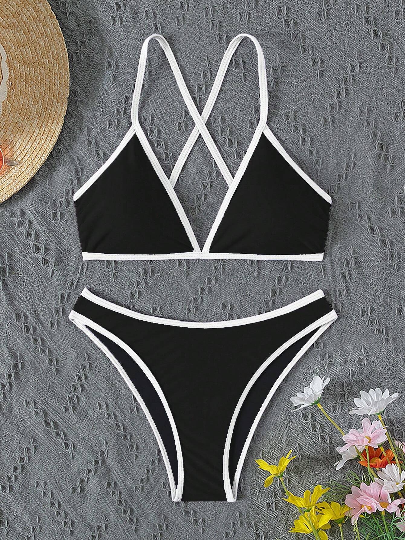 Swim Women's Summer Beach Contrast Neon Trim Back Cross Sexy Halter