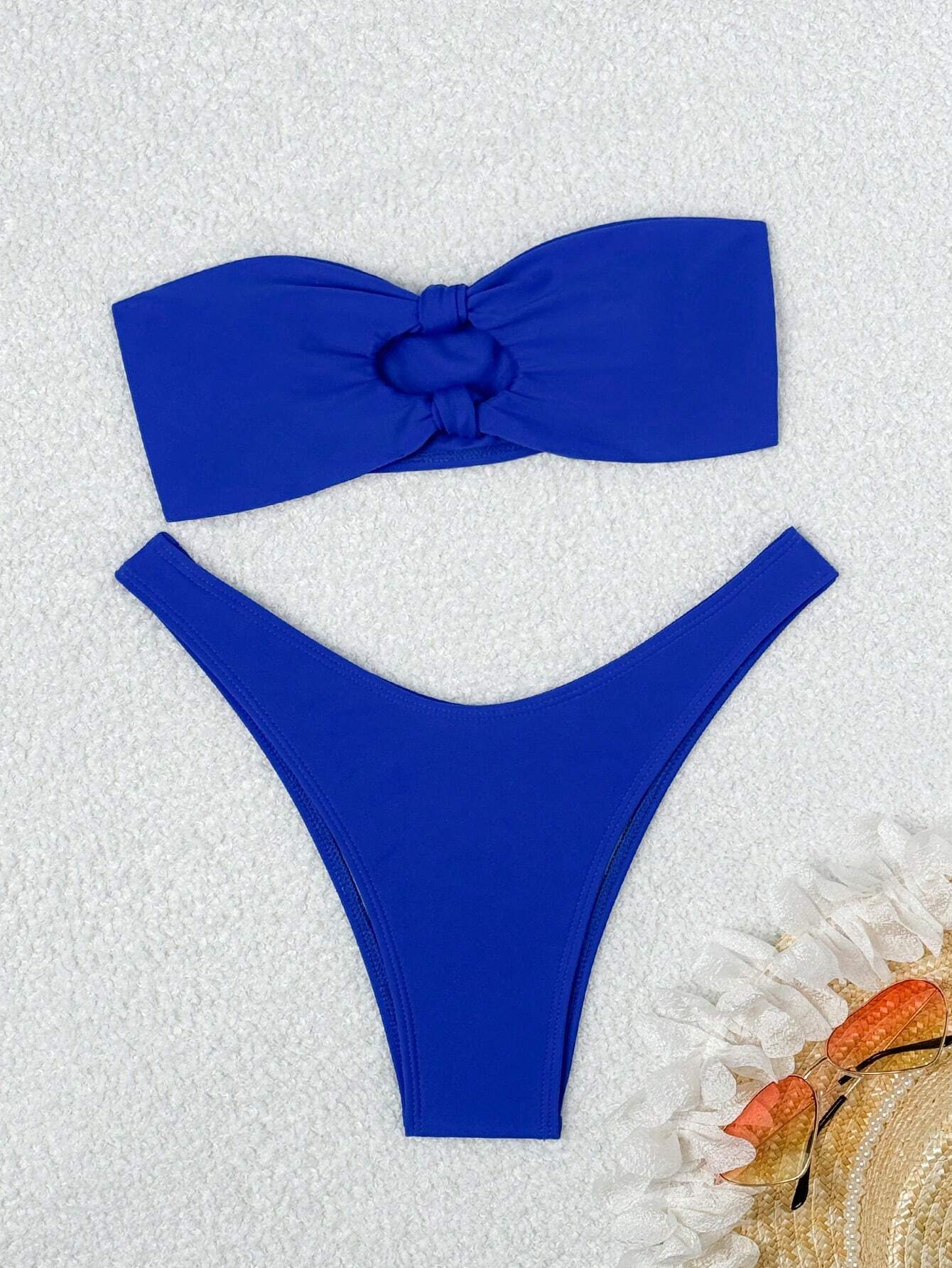 Swim Mod Women's Summer Beach Solid Color Wireless Ruched Bikini Top