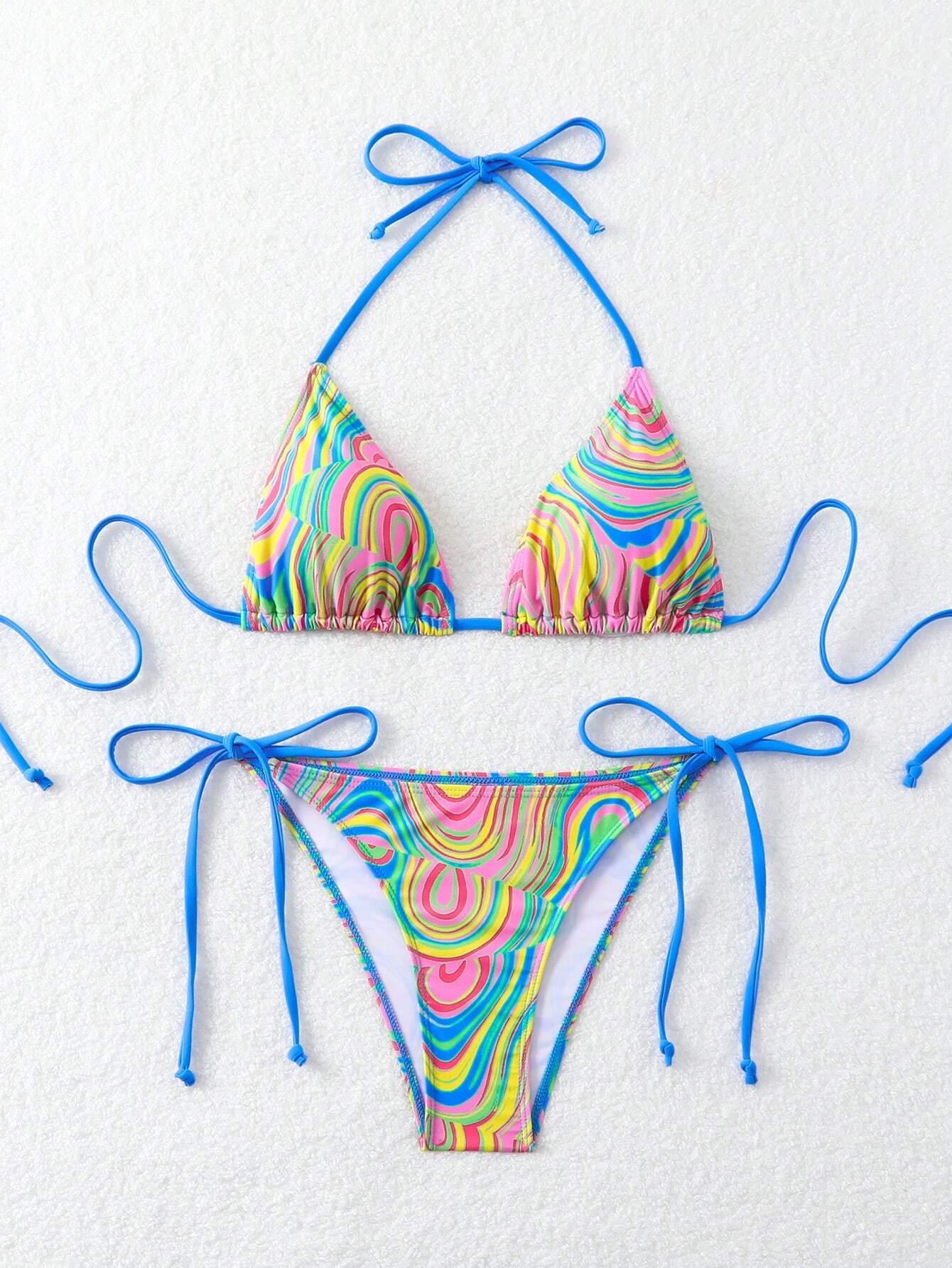 Swim Ladies Fashionable Colorful Fluid Print Separated Bikini Set Swimming Costu