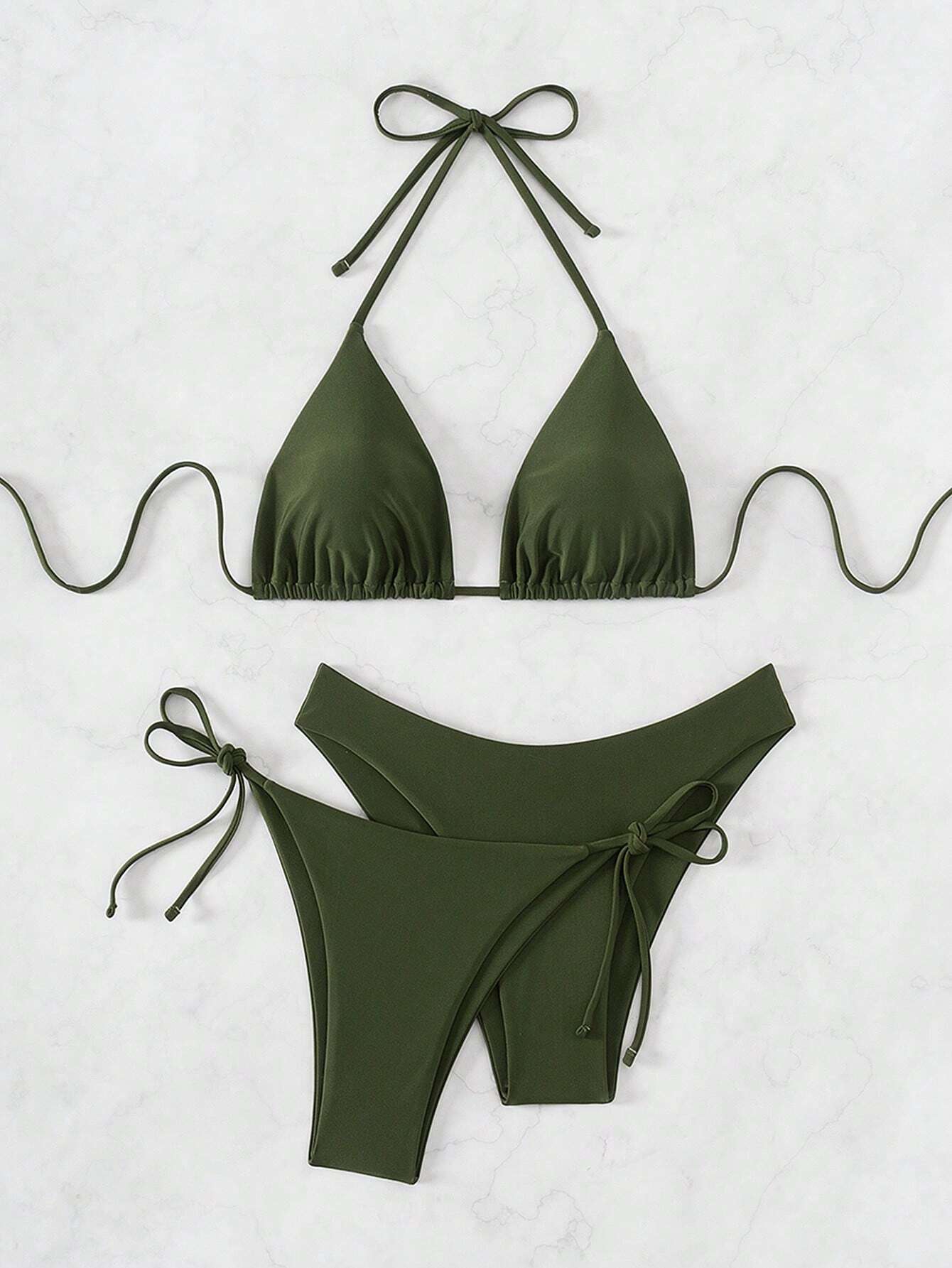 Swim Basics Women Summer Beach Solid Halter Neck 3-Piece Bikini Set Bathing Suit
