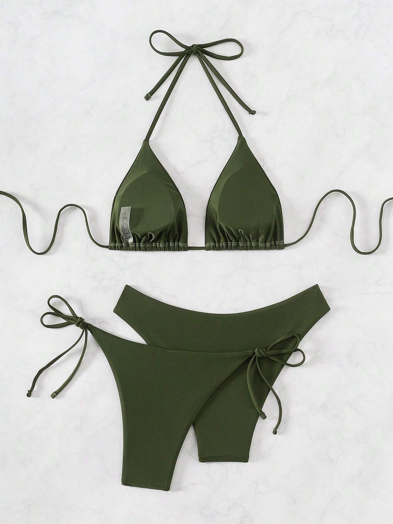 Swim Basics Women Summer Beach Solid Halter Neck 3-Piece Bikini Set Bathing Suit
