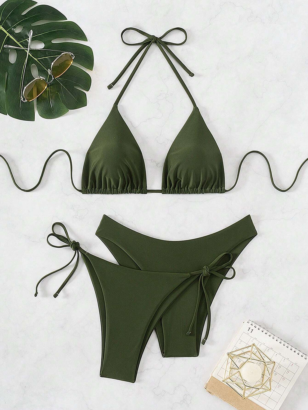 Swim Basics Women Summer Beach Solid Halter Neck 3-Piece Bikini Set Bathing Suit